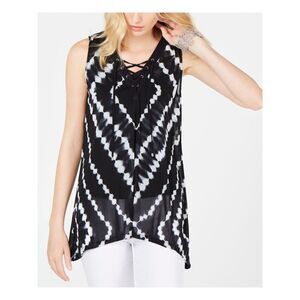 INC Womens Black Lace Up Printed Sleeveless V Neck Trapeze Top Size: XS